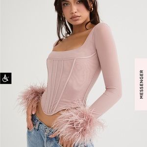 HOUSE OF CB BLUSH MESH FEATHER TRIMMED CORSET